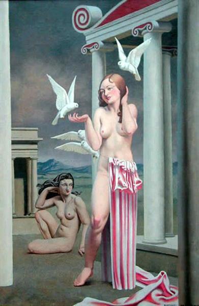 Deux filles avec des colombes - Delorme Raphael