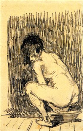 Mujer desnuda en cuclillas sobre una cuenca, Vincent van Gogh