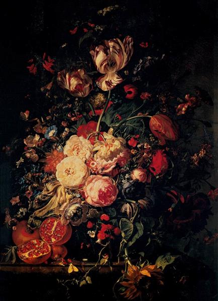 Flowers in a Glass Vase, with Pomegranates, on a Marble Balustrade, 1716 - Рашель Рюйш