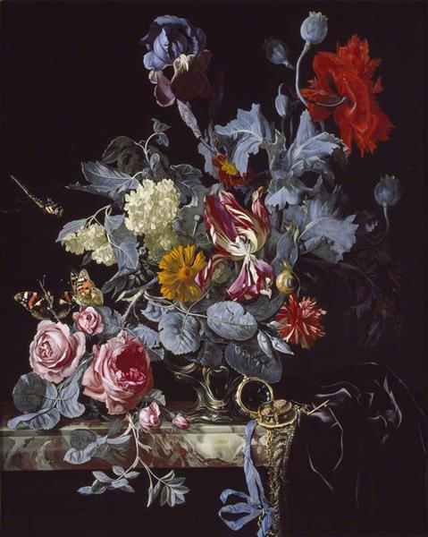 A Vase of Flowers with a Watch - Willem van Aelst