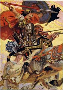 Cú Chulainn Riding His Chariot into Battle - Joseph Christian Leyendecker