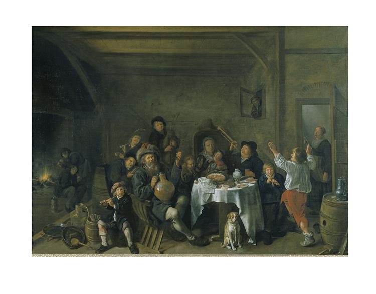 a Domestic Interior in Which a Peasants Family Drink, Eat and Entertain Themselves with Music. in the Centre, is a Table Covered by a White Linen on Which Food Items Had Been Displayed, Before It is a Dog and Tow Men on the Far Left are Lighting Their Pipes by the Fireplace, 1640 - Ян Минсе Моленар