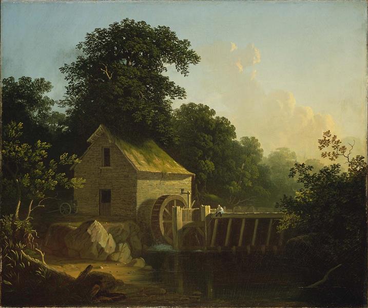 Landscape with Waterwheel and Boy Fishing, 1853 - Джордж Калеб Бингем