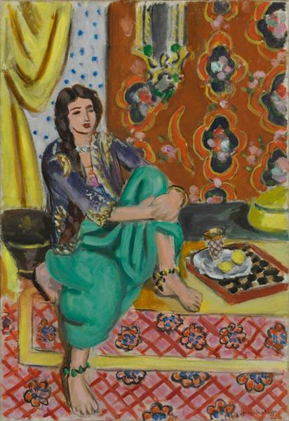 Сидяча одаліска, ліве коліно зігнуте, декоративне тло та шахматна дошка, 1924 - Анрі Матісс