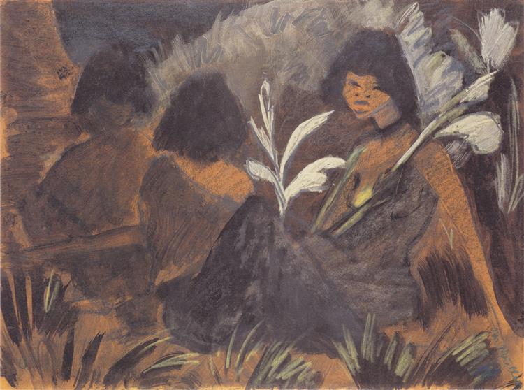Drei Sitzende Zigeunermädchen Im Wald, 1928 - Отто Мюллер