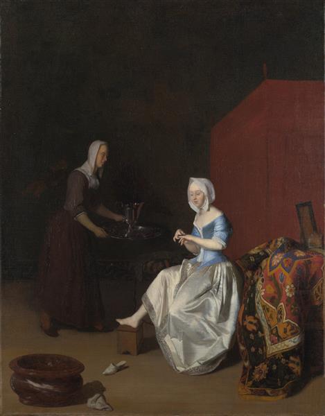 A Young Lady Trimming Her Fingernails, Attended by a Maidservant, c.1670 - c.1675 - Якоб Охтервелт