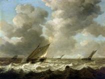 Fishing Boats in a Rough Sea - Simon de Vlieger
