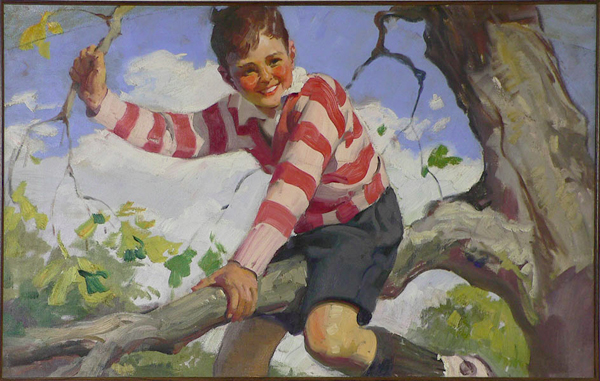 Boy in Striped Sweater Sits on a Tree Branch, 1929 - Haddon Sundblom