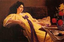 Portrait of a lady, yellow gown, purple scarf - Rodolfo Amoedo