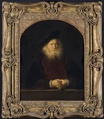Bearded Old Man in a Beret at a Balustrade, Holding His Gloves - Salomon Koninck