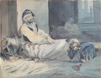 Wounded cuirassier lying on the ground, a dog lying on his feet - Nicolas-Toussaint Charlet
