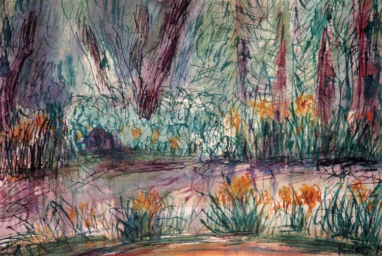 Forest Lake with Yellow Lilies, c.1980 - Maria Bozoky