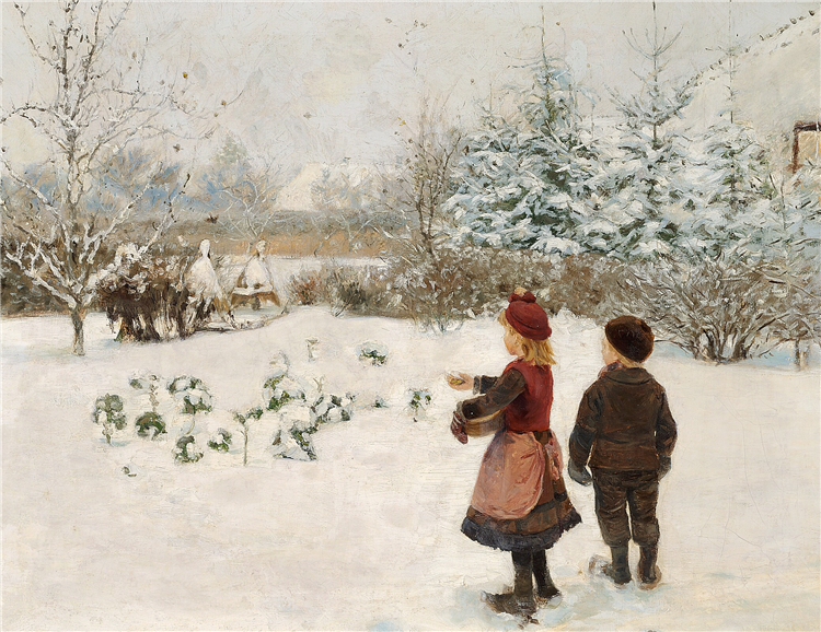 Two Children Feeding Birds in the Snow - Hans Andersen Brendekilde