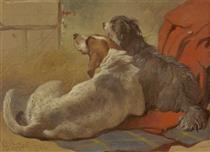 A Hound and a Bearded Collie Seated on a Hunting Coat - John Frederick Herring Sr.