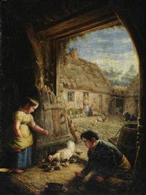 Two Children Feeding Chickens - William Shiels
