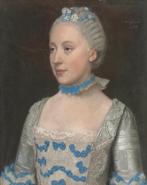 Portrait of Madame Saint Pol, Half-length, in a Light Blue Gown Trimmed with Blue Silk Bows and White Lace - Jean-Étienne Liotard