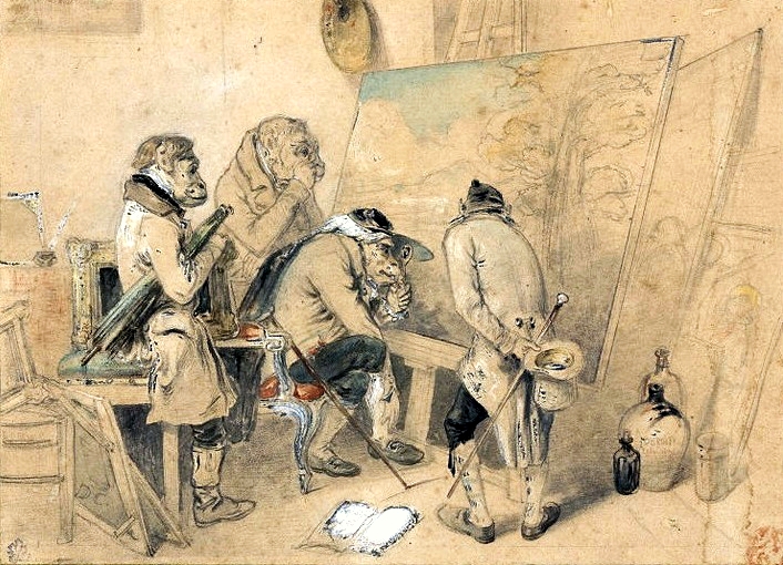 Experts in the Painter's Atelier (Ape-men Examining a Painting), c.1837 - Alexandre-Gabriel Decamps