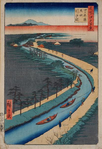 33. Towboas Along the Yotsugi Dōri Canal, 1857 - Утаґава Хіросіґе