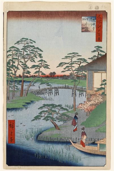 92. Mokuboji Temple and Vegetable Fields on Uchigawa Inlet, 1857 - Utagawa Hiroshige