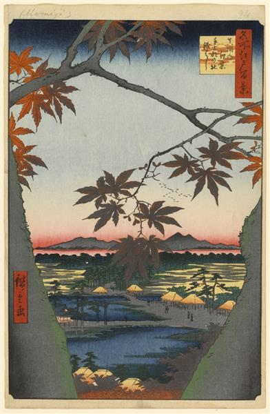 94. The Maple Trees at Mama, the Tekona Shrine and Tsugihashi Bridge, 1857 - Утаґава Хіросіґе