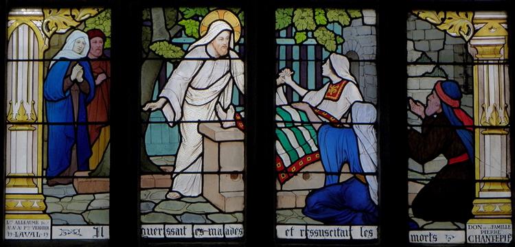 Jesus and the Samaritan woman. Eglise Saint-Sulpice de Fougères (1er registre. Résurrection de la fille de Jaïre), 1919 - Ludovic Alleaume