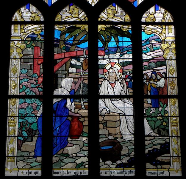 Jesus and the Samaritan woman. Eglise Saint-Sulpice de Fougères (2ème Registre  Jésus Et La Samaritaine Au Puits), 1919 - Ludovic Alleaume