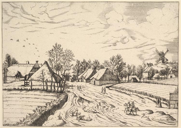 Country Village with Post Mill from Multifariarum Casularum Ruriumque Lineamenta Curiose Ad Vivum Expressa, 1559 - 1561 - Meister der kleinen Landschaften