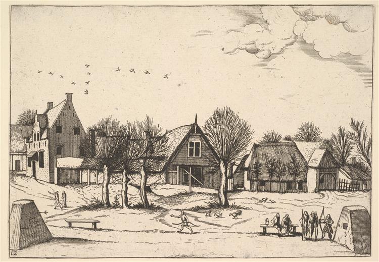 Country Village, Archers in the Foreground from Multifariarum Casularum Ruriumque Lineamenta Curiose Ad Vivum Expressa, 1559 - 1561 - Master of the Small Landscapes