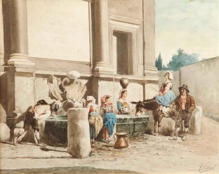 A group of country people gathered by a water trough, c.1870 - Joaquín Agrasot