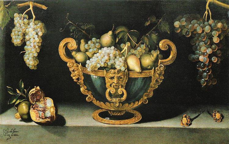 Große Fruchtschale Mit Granatäpfeln Und Hängenden Trauben - Juan van der Hamen y León