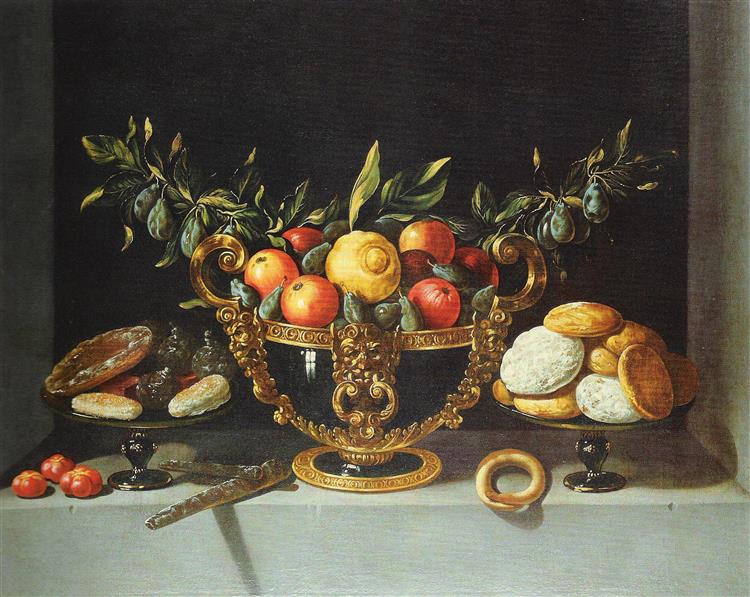 Große Fruchtschale Mit Tellern Mit Gebäck Und Süßigkeiten - Juan van der Hamen