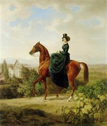 Countess Caroline von Waldbott-Bassenheim, b. Oettingen-Wallerstein on horseback on a hill near Leutstetten; in the background Leutstetten Castle - Oswald Achenbach