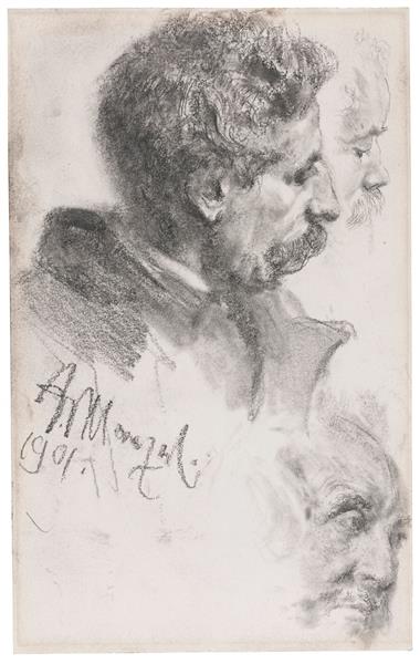 A Mustachioed gentleman in profile (Three Studies), 1901 - Adolph von Menzel