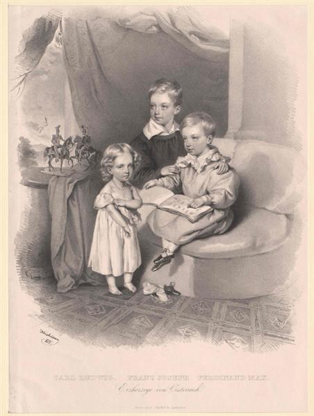 Portrait from childhood together with Ferdinand Max and Karl Ludwig (bare-footed), 1835 - Josef Kriehuber