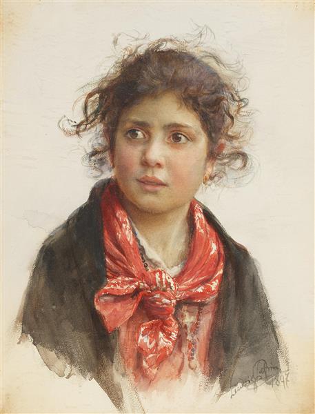 Bildnis Eines Scheuen Mädchens Mit Rotem Halstuch Und Zerzausten Locken - Ludwig Passini