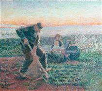 Digging Farmer with Wife and Child on a Wheelbarrow - Jan Toorop