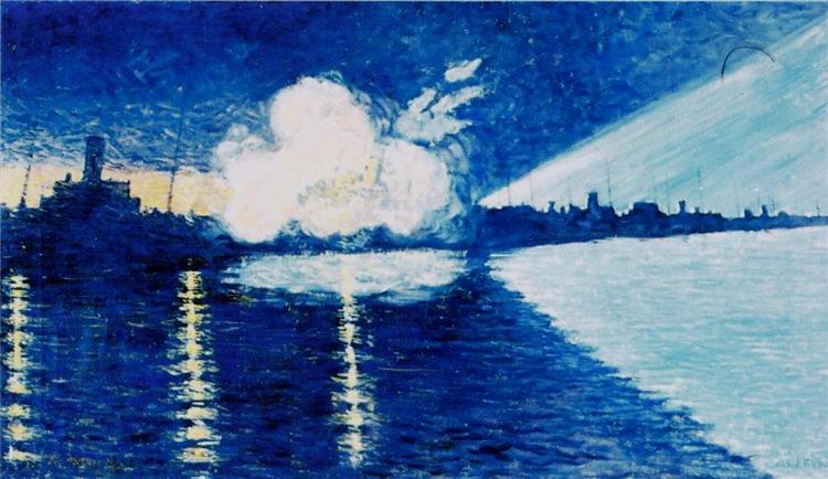 Helsinki Pakkahuoneen Ranta Illuminated by Spotlights, 1905 - Alfred William Finch
