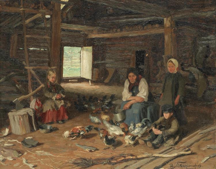 Barn interior with peasants and poultry - Ivan Tvorozhnikov