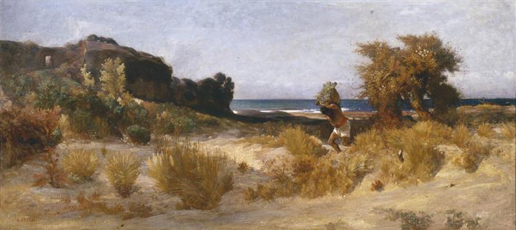 Landscape with worker that carries something - Giovanni (Nino) Costa