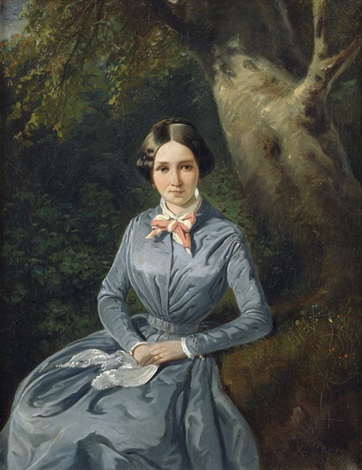 Portrait of a young woman in a blue dress, sitting in front of a tree, 1846 - Theodor Leopold Weller
