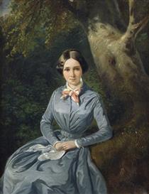 Portrait of a young woman in a blue dress, sitting in front of a tree - Theodor Leopold Weller