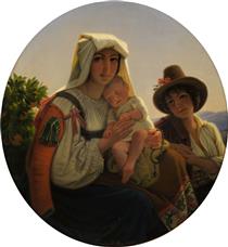 Italian mother with toddler and boy in a landscape - Theodor Leopold Weller