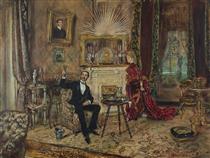 Makart salon interior, with a lady and a seated gentleman - Антон Ромако