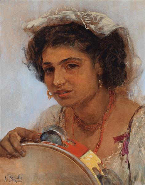 Italian girl with headscarf and tambourine, c.1857 - c.1876 - Anton Romako