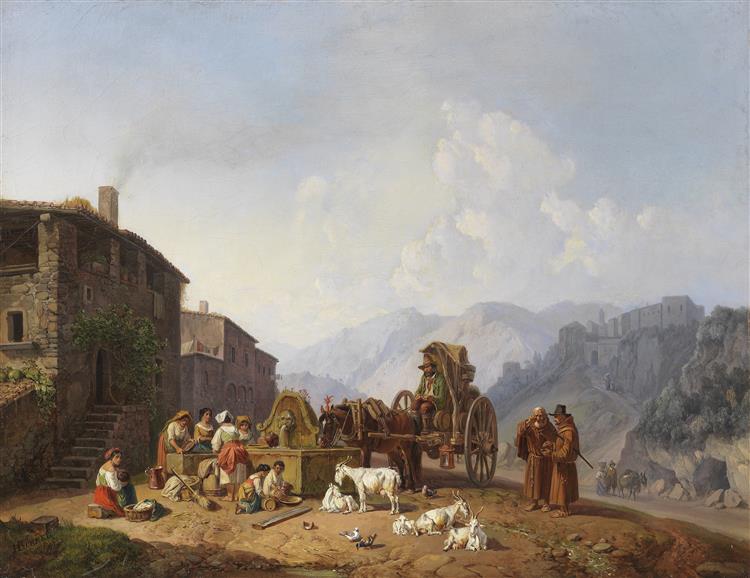 At the village fountain in the Italian mountains, c.1852 - 1853 - Генрих Бюркель