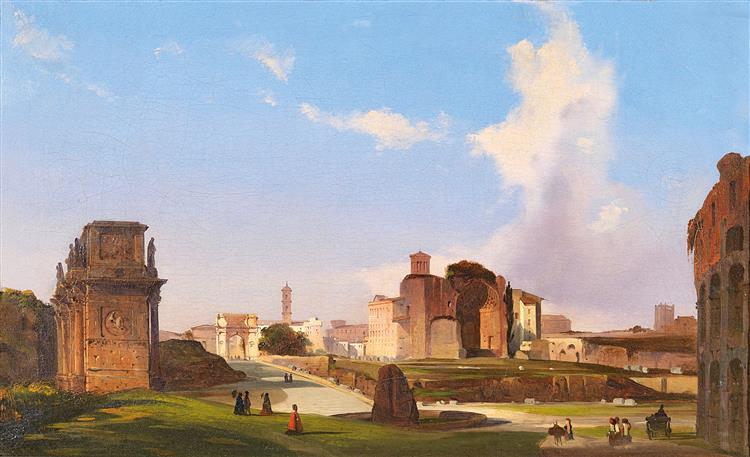 A view of the Roman Forum with the Arch of Constantine, the Temple of Venus and the Meta Sudans at the centre, c.1835 - c.1837 - Ипполито Каффи