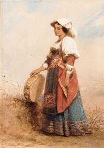 An Italian woman holding a tambourine - Карл Хаг
