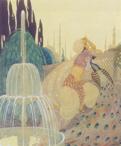 Oriental Woman And Peacock In A Palace Garden With Fountain, 1918 - Герда Вегенер