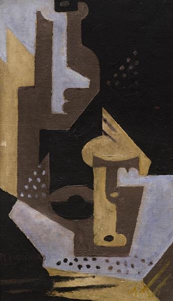 Bodegón Con Frutero, Periódico Y Vaso. Naturaleza Muerta (La Botella), 1916 - 1917 - María Blanchard