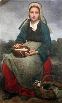 Portrait of a seated girl, holding a basket of eggs - Émile Auguste Hublin